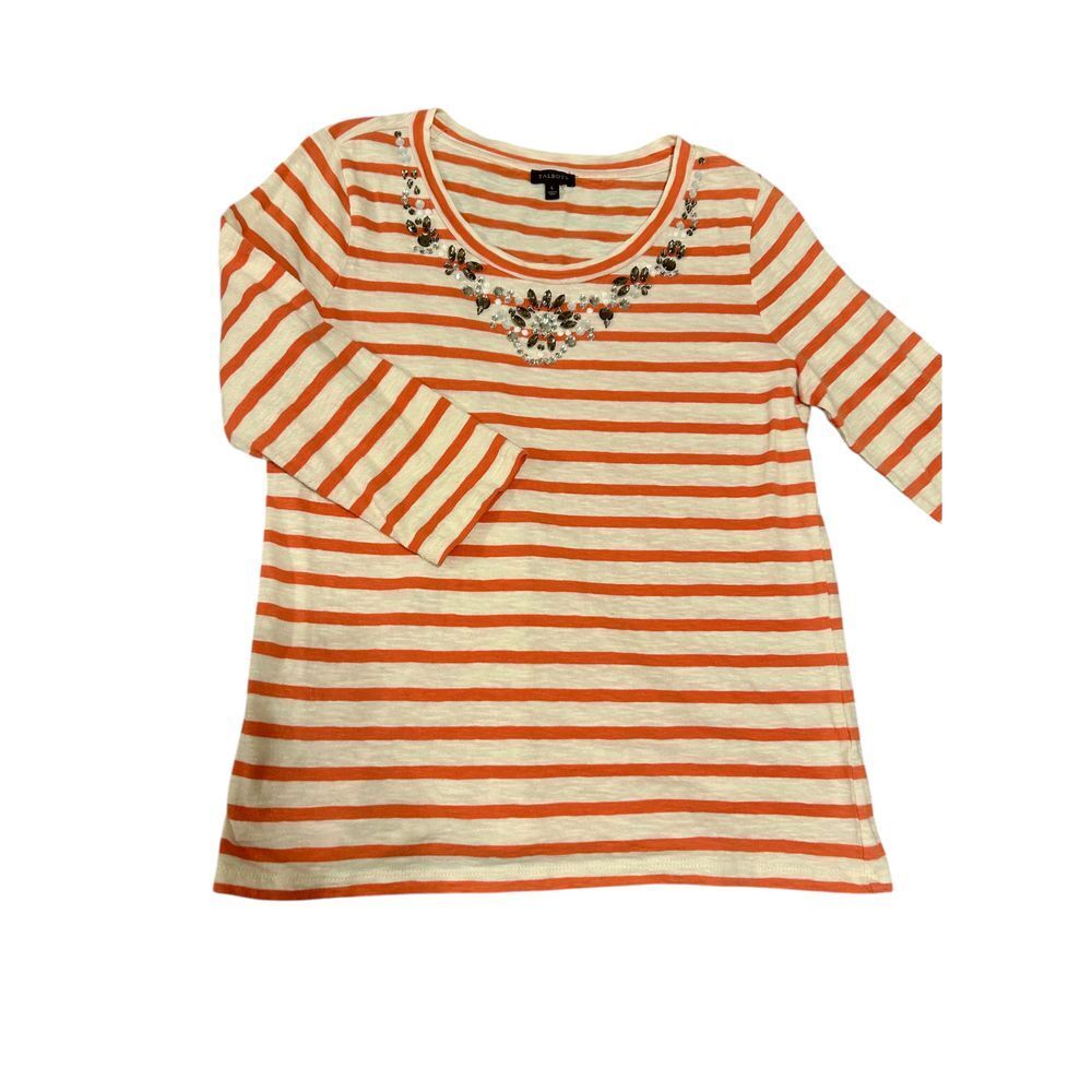 Talbots Large jeweled embellished stripe coral orange top vacation fun‎ resort